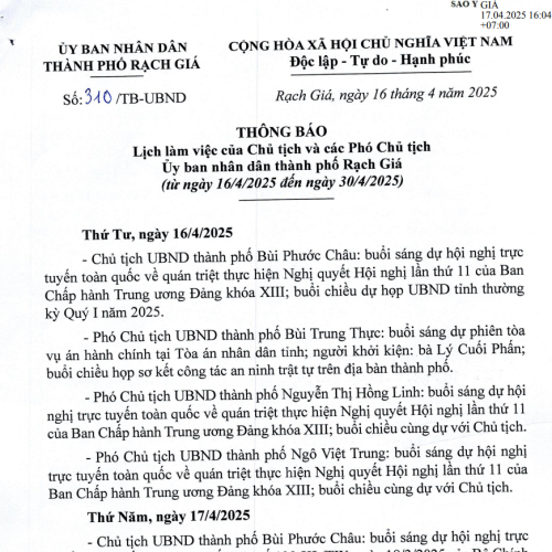 Lịch làm việc của Chủ tịch và các Phó Chủ tịch Ủy ban nhân dân thành phố Rạch Giá (từ ngày 16/4/2025 đến ngày 30/4/2025)